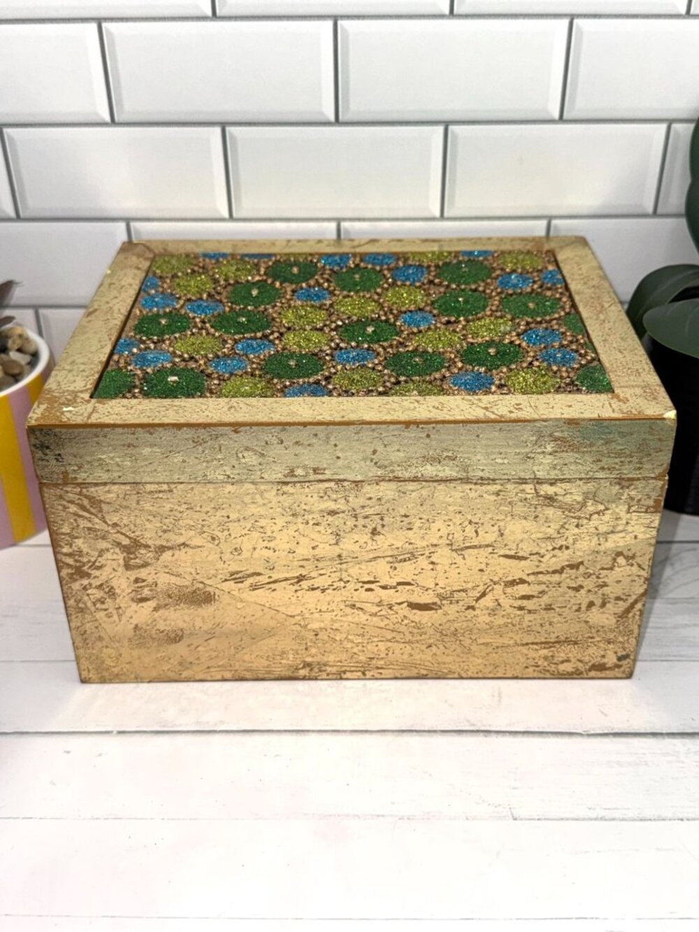 Boho Holiday Decorative Gold Box With Glittered Green & Blue Detailing - Picture 9 of 10